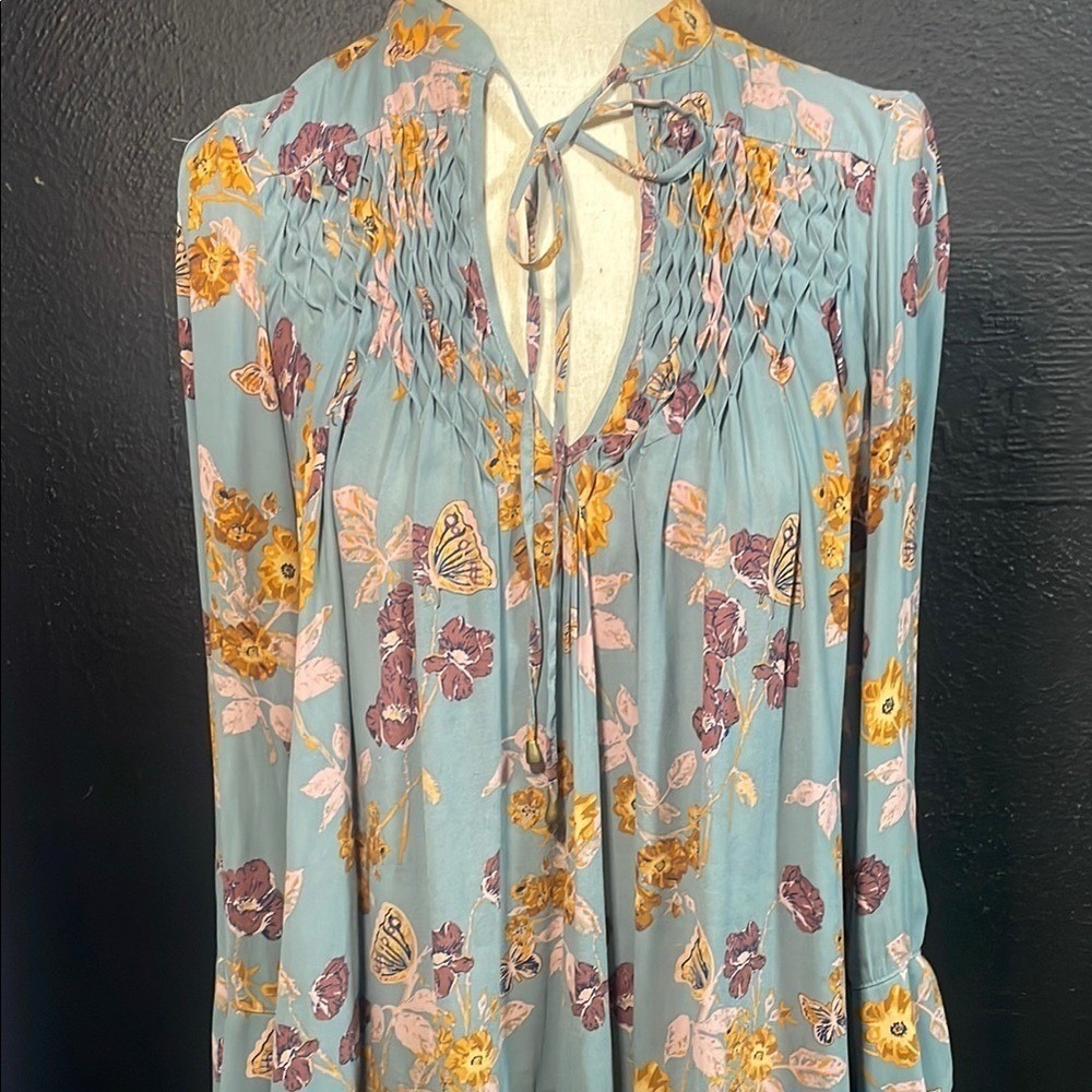 Free People Boho Floral Butterfly Print Pintuck Tie Neck Mini Dress XS
